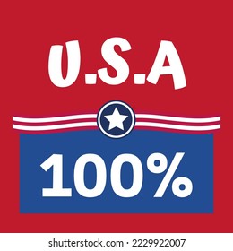 100% united states of america sign label vector art illustration, stylish font, striped, red and blue colored, top view. against a red background.