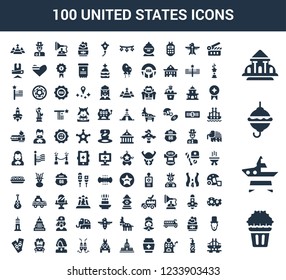 100 United States universal icons set with Popcorn, states, Burger, White house, Movie, Drink, Casino, Coffee, Capitol, Indian