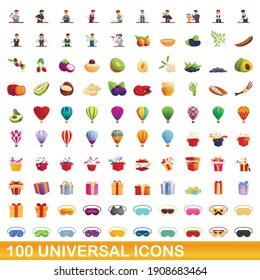 100 universal bartender, fruit, hot air balloon present and sleeping mask icon set. Cartoon illustration of 100 universal icons vector set isolated on white background