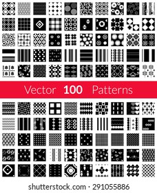 100 Universal different black and white vector seamless patterns tiling. Endless texture can be used for wallpaper, fills, web background, surface textures, textile. Monochrome geometric ornaments.