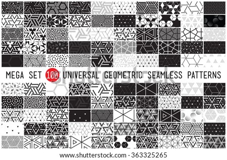 100 Universal different geometric seamless patterns. Endless vector texture can be used for wrapping wallpaper, pattern fills, web background,surface textures. Set of monochrome ornaments