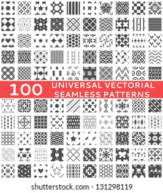 100 Universal different vector seamless patterns (tiling). Endless texture can be used for wallpaper, pattern fills, web page background,surface textures. Set of monochrome geometric ornaments.