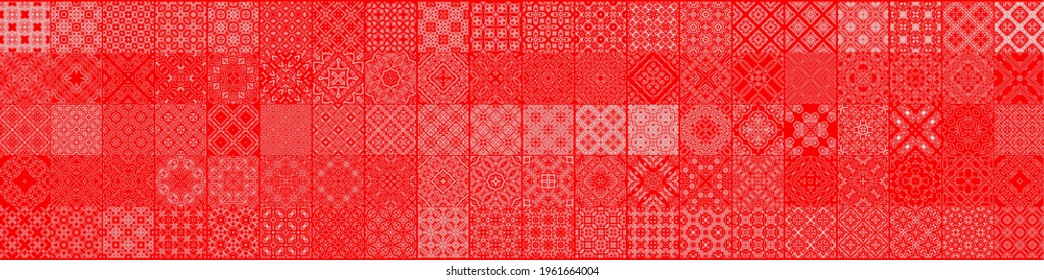  100 Universal geometric multicolored patterns. Vector textures can be used to wrapping wallpaper, template filling, web background, surface textures. Set of red ornaments 
