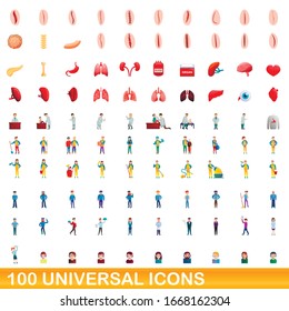 100 íconos humanos universales. Ilustración de caricatura de 100 iconos universales conjunto vectorial aislado en fondo blanco