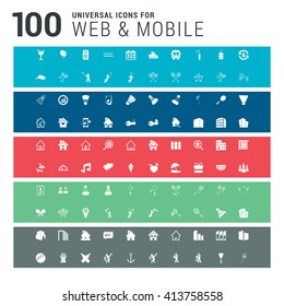 100 universal Icons on colorful backgrounds. Blue, Red, green and gray background template