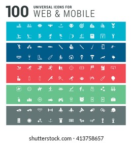 100 universal Icons on colorful backgrounds. Blue, Red, green and gray background template