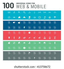 100 universal Icons on colorful backgrounds. Blue, Red, green and gray background template