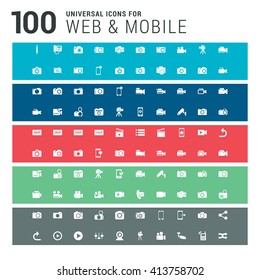 100 universal Icons on colorful backgrounds. Blue, Red, green and gray background template