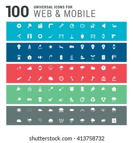 100 universal Icons on colorful backgrounds. Blue, Red, green and gray background template