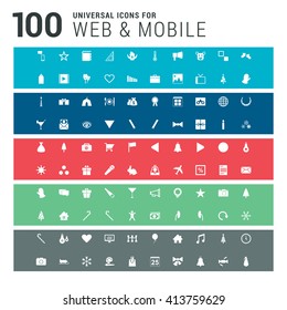 100 universal Icons on colorful backgrounds. Blue, Red, green and gray background template