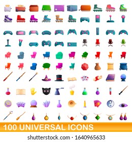 100 universal icons set. Cartoon illustration of 100 universal icons vector set isolated on white background