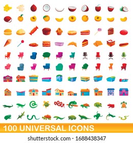 100 universal icons set. Cartoon illustration of 100 universal icons vector set isolated on white background