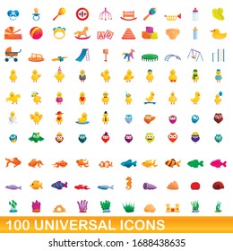 100 universal icons set. Cartoon illustration of 100 universal icons vector set isolated on white background