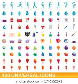 100 iconos universales. Ilustración de dibujos animados de 100 iconos universales conjunto de vectores aislados en fondo blanco
