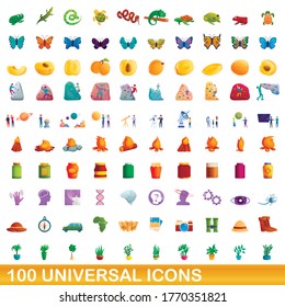 100 universal icons set. Cartoon illustration of 100 universal icons vector set isolated on white background