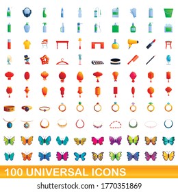 100 universal icons set. Cartoon illustration of 100 universal icons vector set isolated on white background