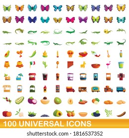 100 universal icons set. Cartoon illustration of 100 universal icons vector set isolated on white background