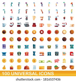 100 universal icons set. Cartoon illustration of 100 universal icons vector set isolated on white background