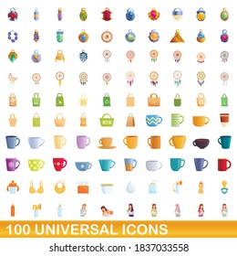 100 universelle Symbole gesetzt. Cartoon-Illustration von 100 universellen Symbolen, Vektorset einzeln auf weißem Hintergrund
