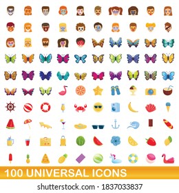 100 universal icons set. Cartoon illustration of 100 universal icons vector set isolated on white background