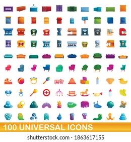 100 universal icons set. Cartoon illustration of 100 universal icons vector set isolated on white background