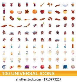 100 iconos universales. Ilustración de dibujos animados de 100 iconos universales conjunto de vectores aislados en fondo blanco