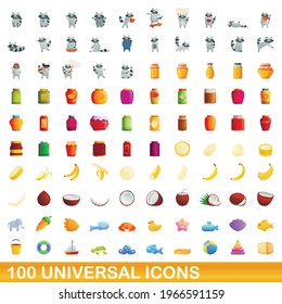 100 universal icons set. Cartoon illustration of 100 universal icons vector set isolated on white background