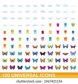 100 universal icons set. Cartoon illustration of 100 universal icons vector set isolated on white background