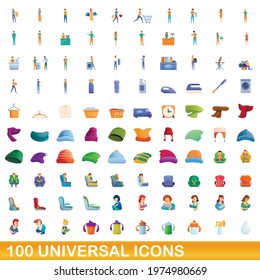 100 universal icons set. Cartoon illustration of 100 universal icons vector set isolated on white background