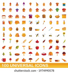 100 universal icons set. Cartoon illustration of 100 universal icons vector set isolated on white background