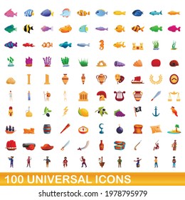 100 universal icons set. Cartoon illustration of 100 universal icons vector set isolated on white background
