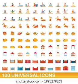 100 universal icons set. Cartoon illustration of 100 universal icons vector set isolated on white background