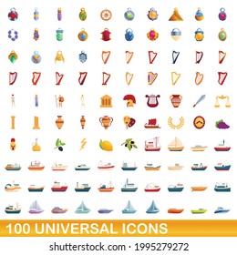 100 universal icons set. Cartoon illustration of 100 universal icons vector set isolated on white background
