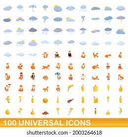 100 universal icons set. Cartoon illustration of 100 universal icons vector set isolated on white background