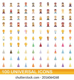 100 universal icons set. Cartoon illustration of 100 universal icons vector set isolated on white background