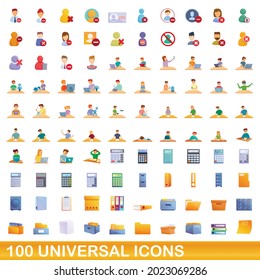 100 universelle Symbole gesetzt. Cartoon-Illustration von 100 universellen Symbolen, Vektorset einzeln auf weißem Hintergrund