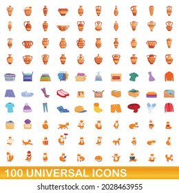100 universal icons set. Cartoon illustration of 100 universal icons vector set isolated on white background