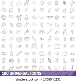 100 universelle Symbole, die in Rahmenstil für jede Design-Vektorgrafik eingestellt sind