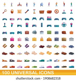 100 universal icons set of people, game controllers bags and shoes. Cartoon illustration of 100 universal icons vector set isolated on white background