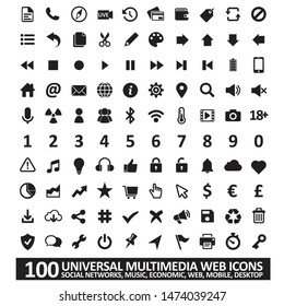 100 Universal Multimedia Web Icons Symbols - Social Networks, Music, Video, Economy, Business, Mobile, Business, Desktop