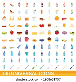 100 íconos de alimentación e higiene de enfermería universal, set. Ilustración de dibujos animados de 100 iconos universales conjunto de vectores aislados en fondo blanco