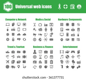 100 iconos vectoriales universales - Redes informáticas, medios de comunicación y sociales, componentes de hardware de PC, viajes y turismo, negocios y finanzas, entretenimiento 