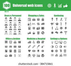 100 universal vector icons - Users and Personnel, Shopping and Sales, Gardening, Office and Archive, Medicine and Hospital, Settings and Options