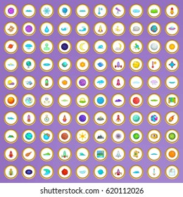 100 universe icons set in cartoon style on purple background vector illustration