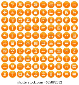 100 urban icons set in orange circle isolated on white vector illustration