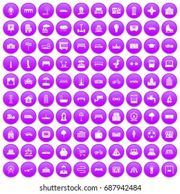 100 urban icons set in purple circle isolated on white vector illustration
