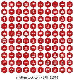 100 urban icons set in red hexagon isolated vector illustration