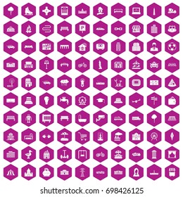 100 urban icons set in violet hexagon isolated vector illustration
