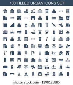 100 urban icons. Trendy urban icons white background. Included filled icons such as building, business center building, bank, Eiffel Tower, skate. urban icon for web and mobile.