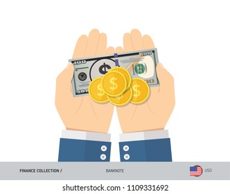 100 US Dollar Banknote and coins in the palm of hands. Flat style vector illustration. Finance concept.